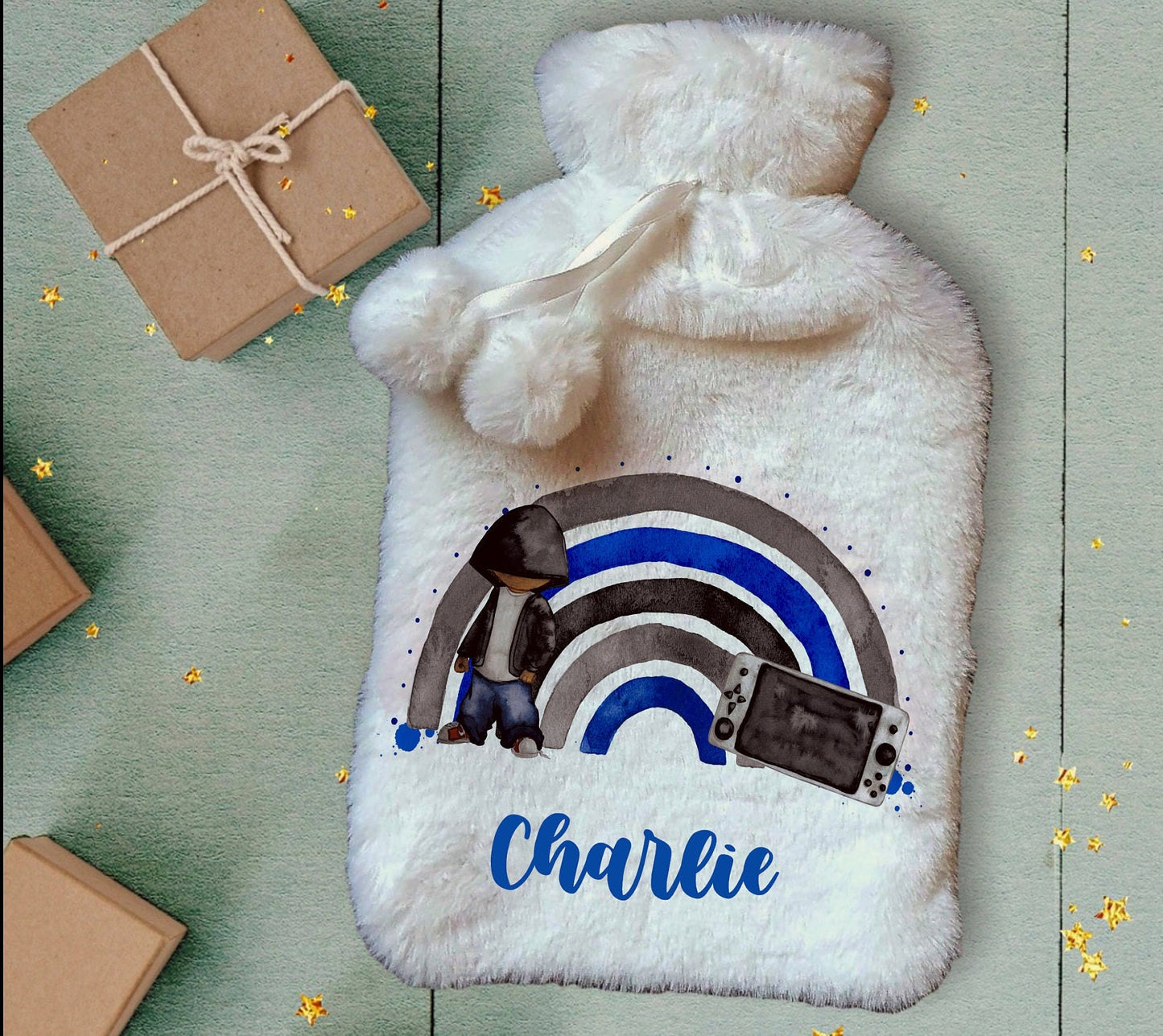 Personalised Hot Water Bottle, Gamer Design Hot Water Bottle, Gaming Rainbow Hot Water Bottle, Teen Gift Idea, Deluxe Fluffy Cover