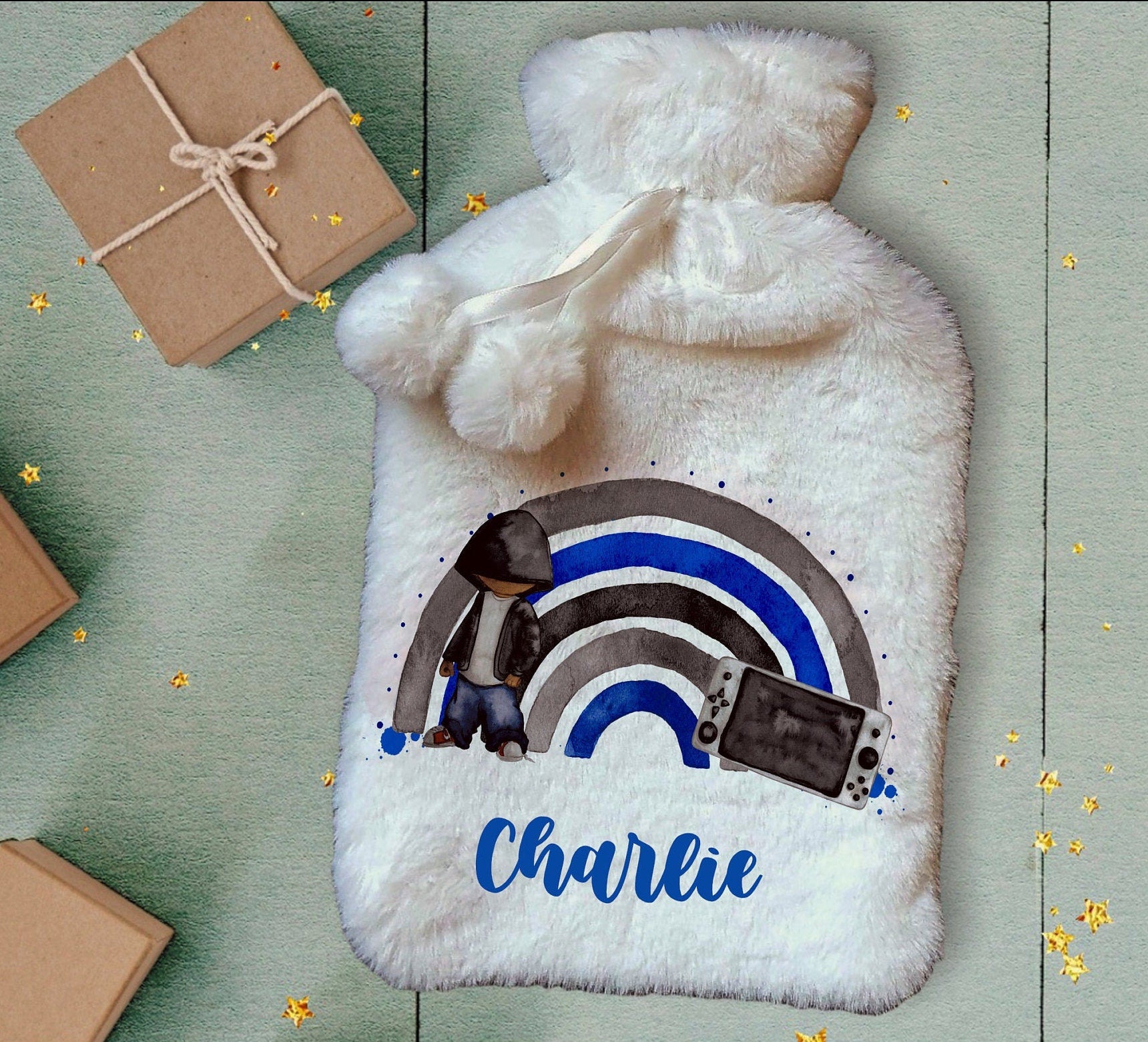 Personalised Hot Water Bottle, Gamer Design Hot Water Bottle, Gaming Rainbow Hot Water Bottle, Teen Gift Idea, Deluxe Fluffy Cover