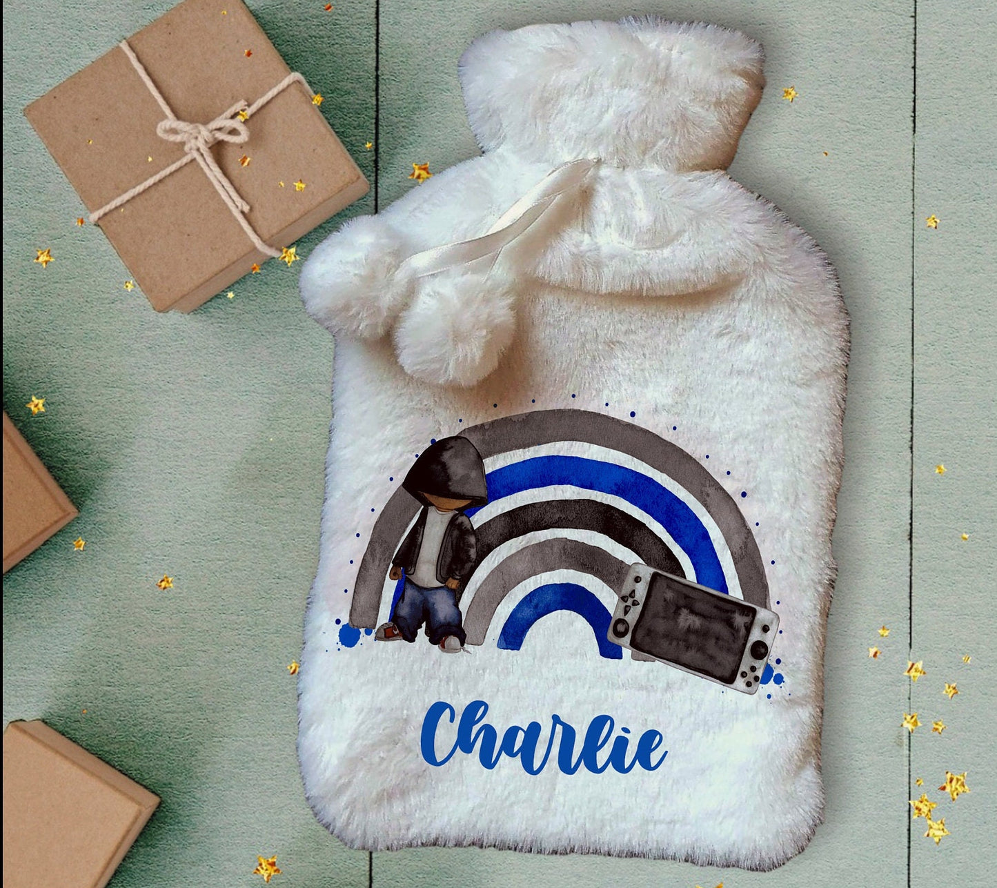 Personalised Hot Water Bottle, Gamer Design Hot Water Bottle, Gaming Rainbow Hot Water Bottle, Teen Gift Idea, Deluxe Fluffy Cover