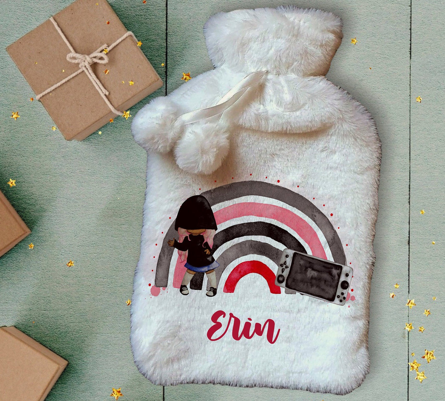Personalised Hot Water Bottle, Gamer Design Hot Water Bottle, Gaming Rainbow Hot Water Bottle, Teen Gift Idea, Deluxe Fluffy Cover