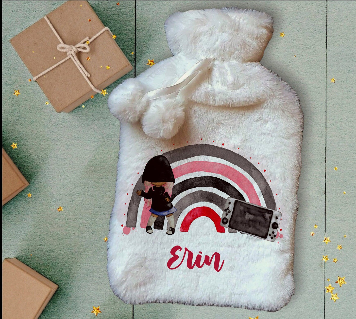 Personalised Hot Water Bottle, Gamer Design Hot Water Bottle, Gaming Rainbow Hot Water Bottle, Teen Gift Idea, Deluxe Fluffy Cover