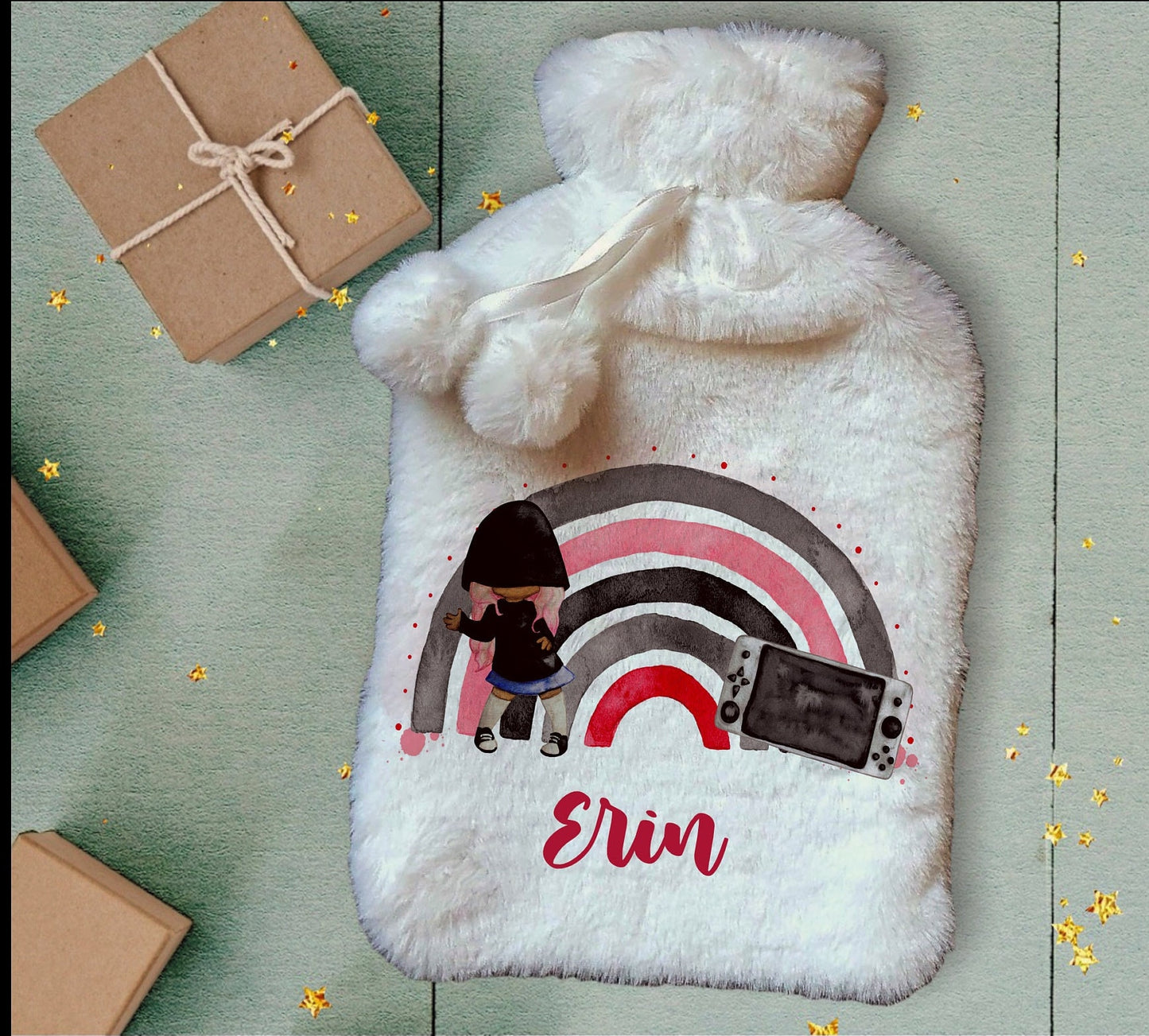 Personalised Hot Water Bottle, Gamer Design Hot Water Bottle, Gaming Rainbow Hot Water Bottle, Teen Gift Idea, Deluxe Fluffy Cover