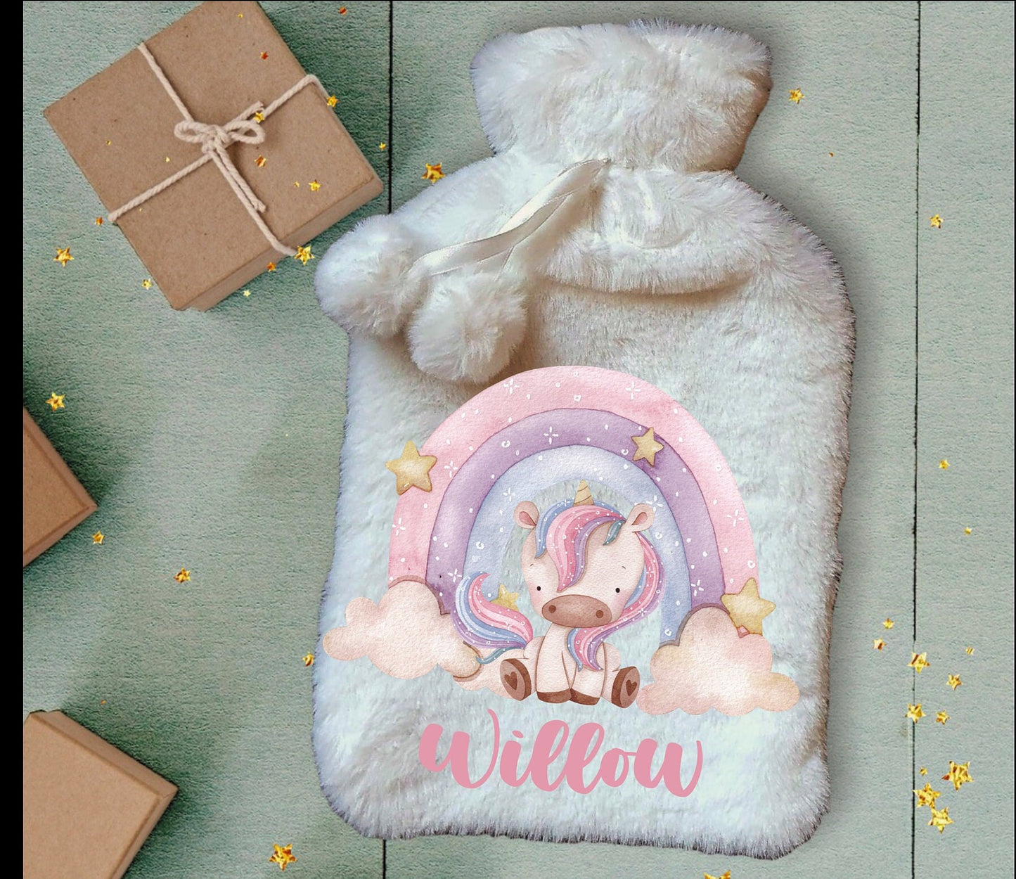 Personalised Hot Water Bottle, Unicorn Personalised Hot Water Bottle, Unicorn Rainbow Hot Water Bottle, Christmas Hot Water Bottle Gift