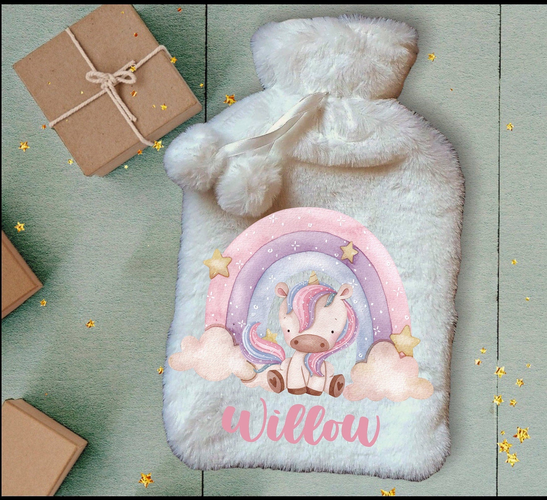 Personalised Hot Water Bottle, Unicorn Personalised Hot Water Bottle, Unicorn Rainbow Hot Water Bottle, Christmas Hot Water Bottle Gift