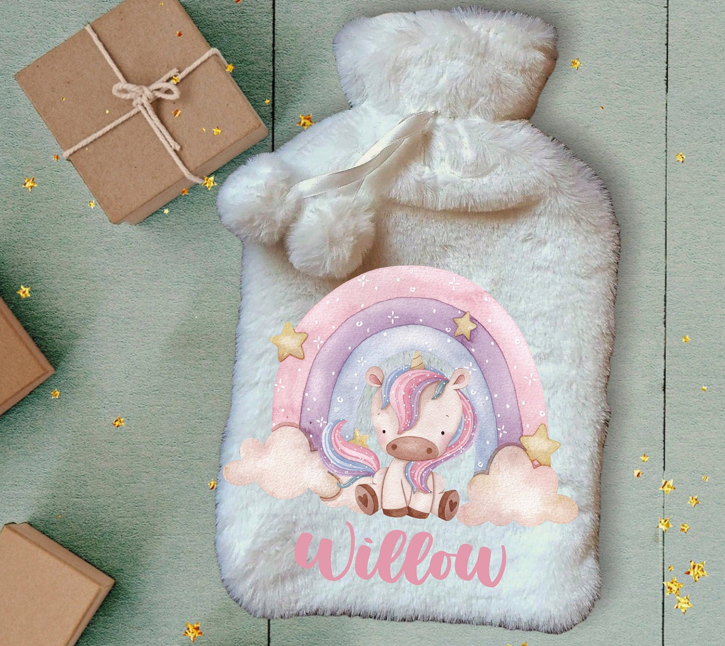 Personalised Hot Water Bottle, Unicorn Personalised Hot Water Bottle, Unicorn Rainbow Hot Water Bottle, Christmas Hot Water Bottle Gift