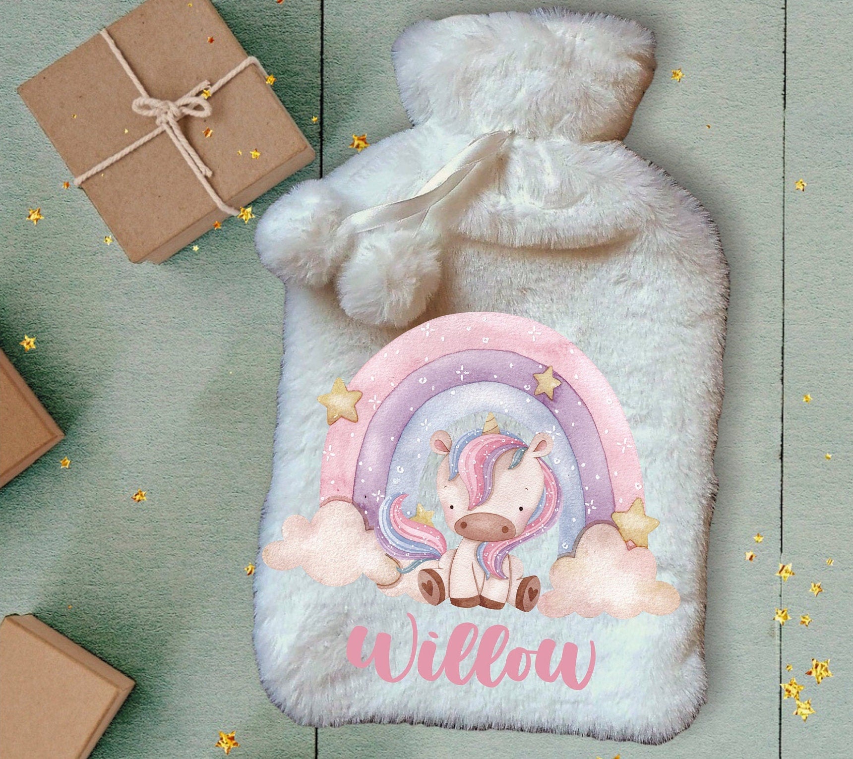 Personalised Hot Water Bottle, Unicorn Personalised Hot Water Bottle, Unicorn Rainbow Hot Water Bottle, Christmas Hot Water Bottle Gift