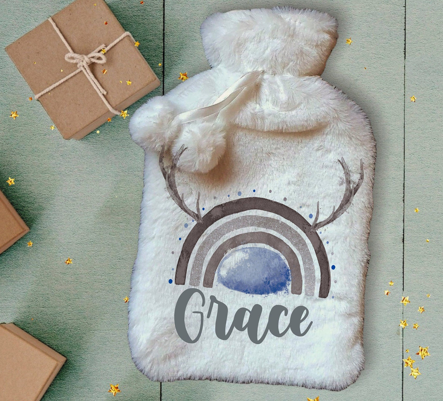 Personalised Hot Water Bottle, Christmas Hot Water Bottle, Christmas Gift Idea, Reindeer Hot Water bottle, Deluxe Fluffy Cover