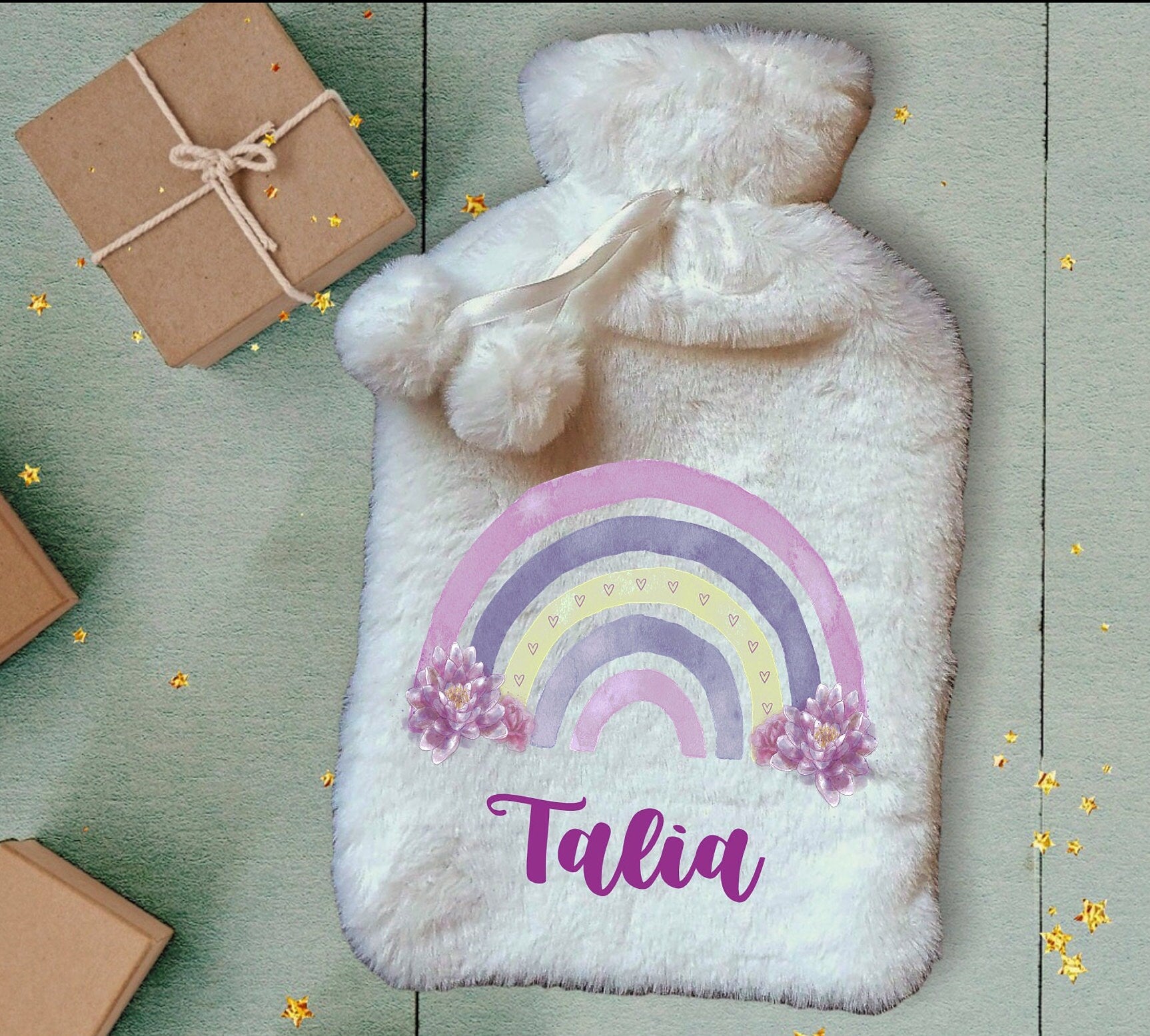Personalised Hot Water Bottle, Elephant Rainbow Hot Water Bottle, Christmas Gift Idea, Elephant Hot Water bottle, Deluxe Fluffy Cover