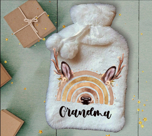 Personalised Hot Water Bottle, Reindeer Rainbow Hot Water Bottle, Christmas Gift Idea, Reinbow Hot Water bottle, Deluxe Fluffy Cover