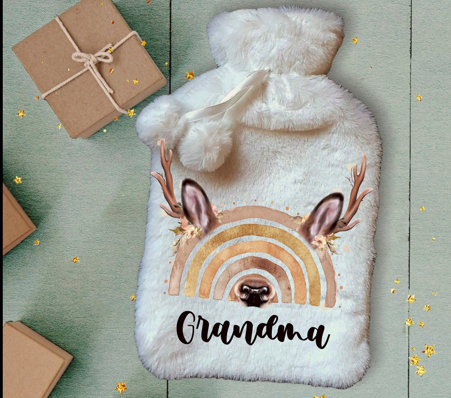 Personalised Hot Water Bottle, Reindeer Rainbow Hot Water Bottle, Christmas Gift Idea, Reinbow Hot Water bottle, Deluxe Fluffy Cover