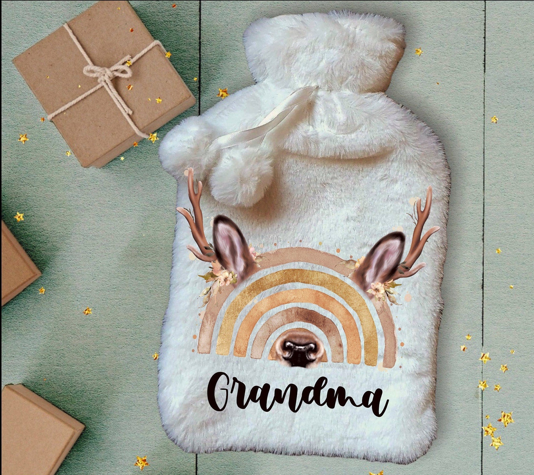 Personalised Hot Water Bottle, Reindeer Rainbow Hot Water Bottle, Christmas Gift Idea, Reinbow Hot Water bottle, Deluxe Fluffy Cover