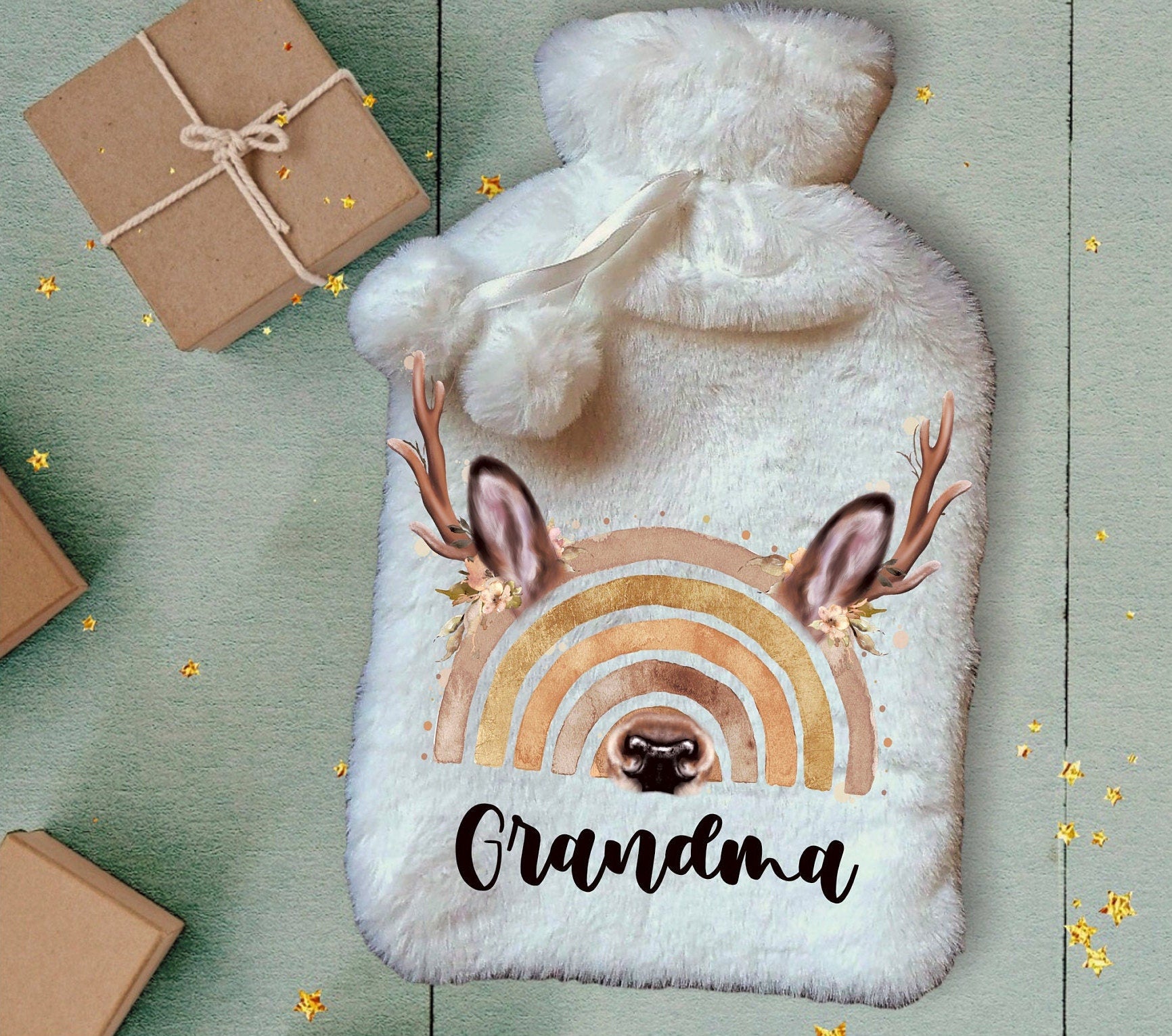 Personalised Hot Water Bottle, Reindeer Rainbow Hot Water Bottle, Christmas Gift Idea, Reinbow Hot Water bottle, Deluxe Fluffy Cover