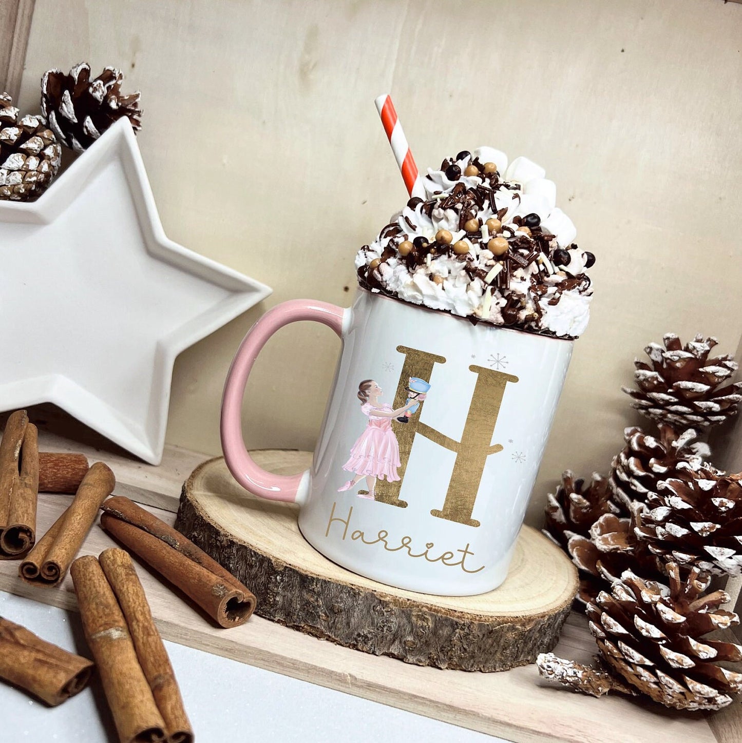 Dancer & Nutcracker Christmas Mug, Personalised Ballet Dancer And Nutcracker Mug, Gold Initial Mug