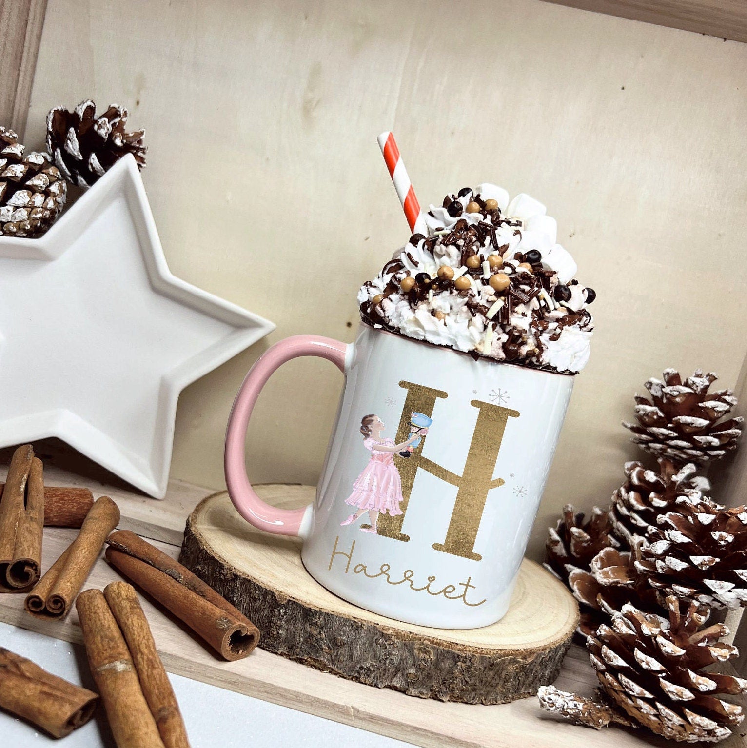 Dancer & Nutcracker Christmas Mug, Personalised Ballet Dancer And Nutcracker Mug, Gold Initial Mug