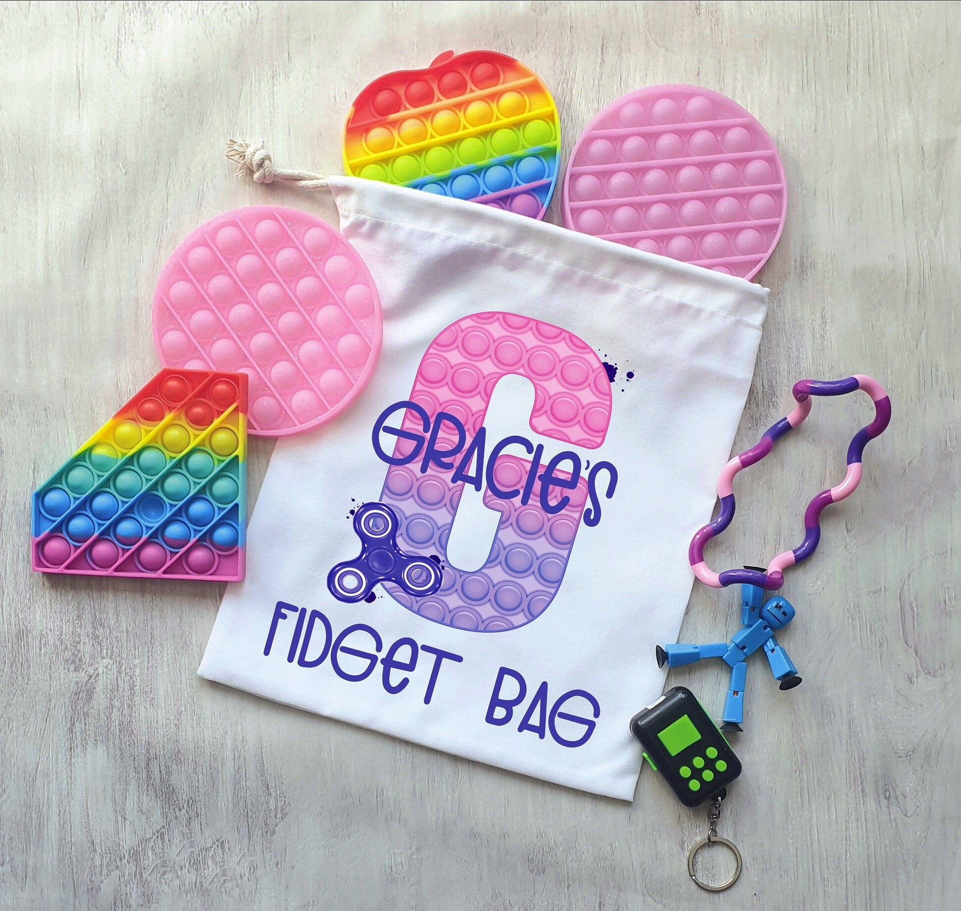 Poppit Fidget Toy Bag, Poppit Storage Bag, Personalised Fidget Poppit Bag, Sensory Toy Storage Bag, Purple & Pink Design, Blue