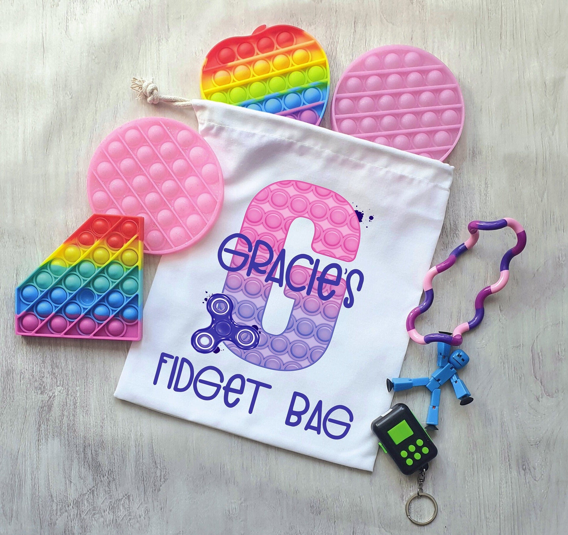 Poppit Fidget Toy Bag, Poppit Storage Bag, Personalised Fidget Poppit Bag, Sensory Toy Storage Bag, Purple & Pink Design, Blue