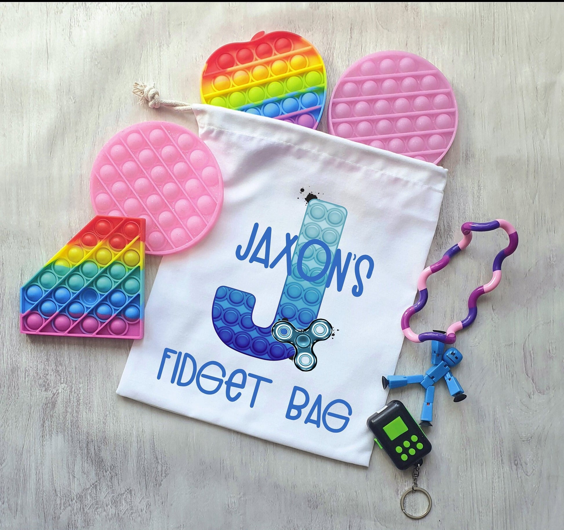 Poppit Fidget Toy Bag, Poppit Storage Bag, Personalised Fidget Poppit Bag, Sensory Toy Storage Bag, Purple & Pink Design, Blue