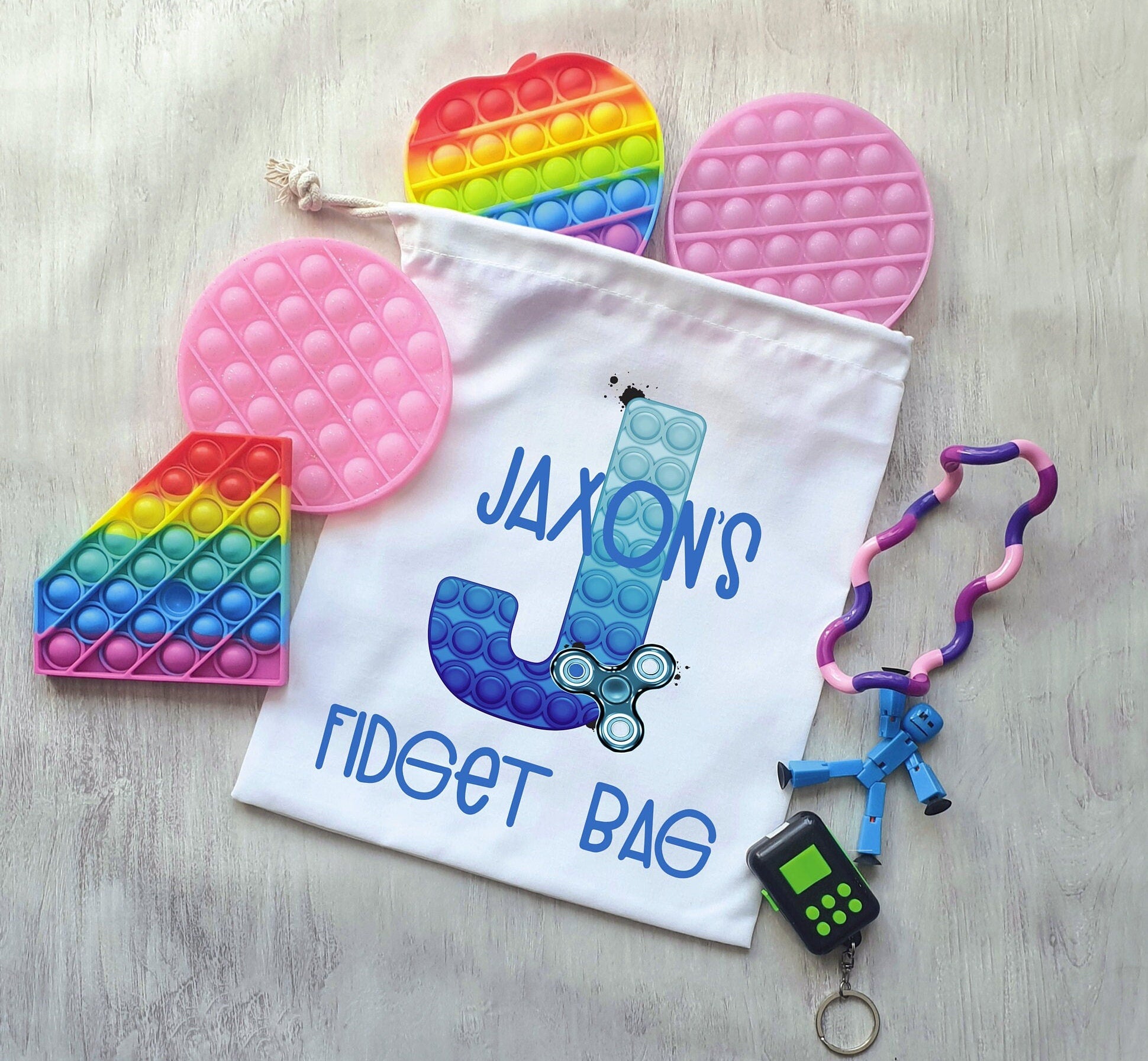 Poppit Fidget Toy Bag, Poppit Storage Bag, Personalised Fidget Poppit Bag, Sensory Toy Storage Bag, Purple & Pink Design, Blue