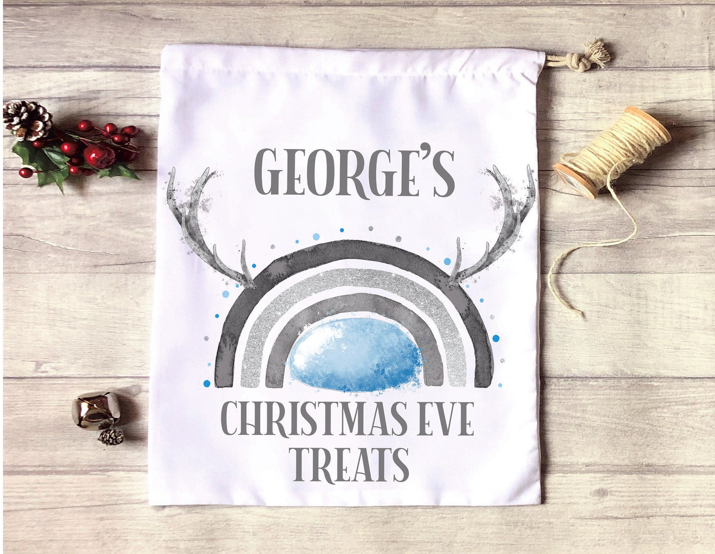 Christmas Eve Treat Bag, Personalised Xmas Eve Goodies Bag, Twas The Night Before Christmas Family Treat Bag, Reindeer Silver Nose Xmas Bag