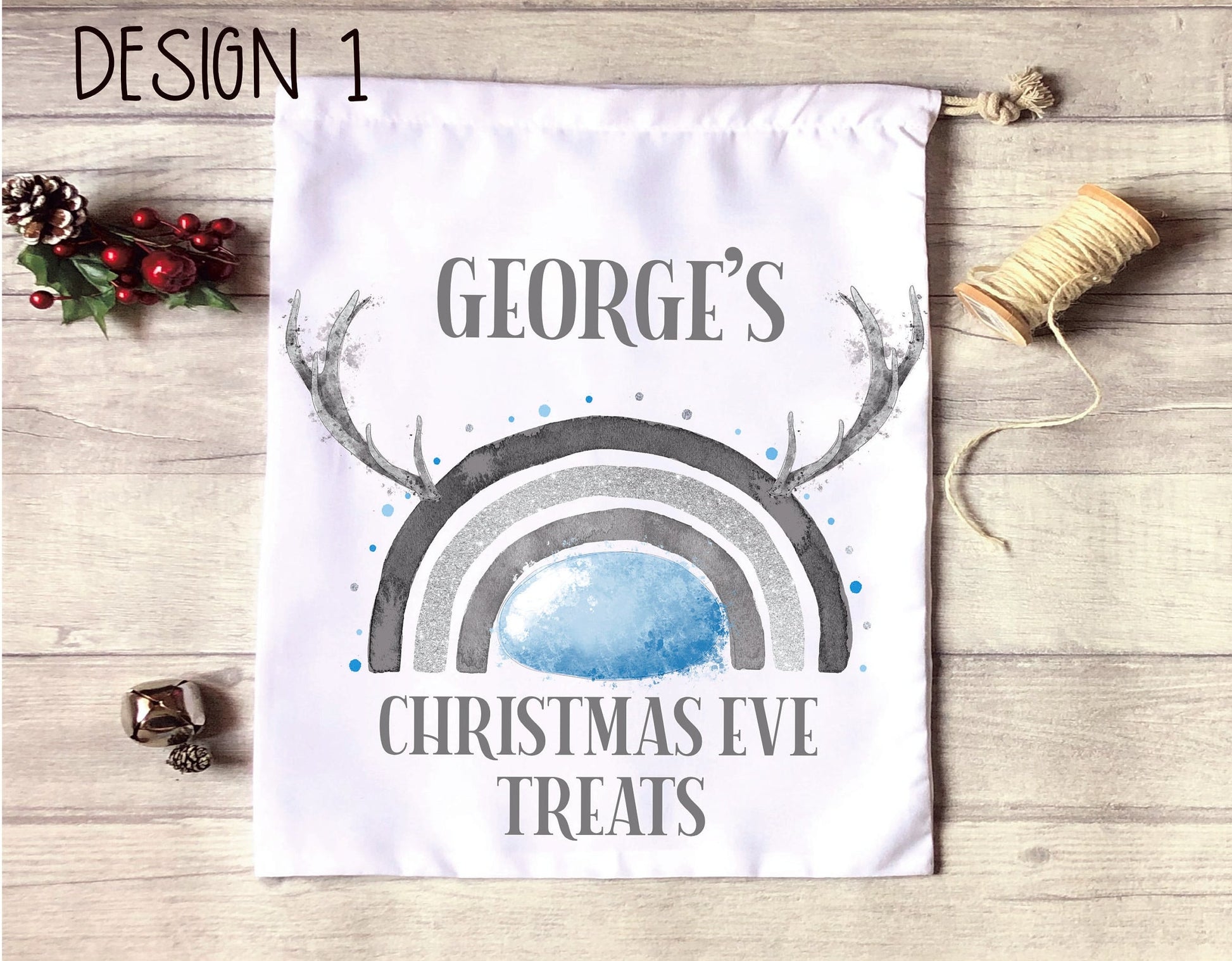 Christmas Eve Treat Bag, Personalised Xmas Eve Goodies Bag, Twas The Night Before Christmas Family Treat Bag, Reindeer Silver Nose Xmas Bag