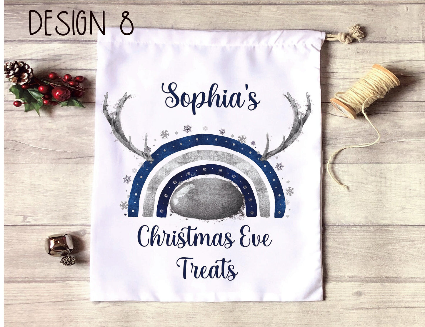 Christmas Eve Treat Bag, Personalised Xmas Eve Goodies Bag, Twas The Night Before Christmas Family Treat Bag, Reindeer Blue Nose Xmas Bag