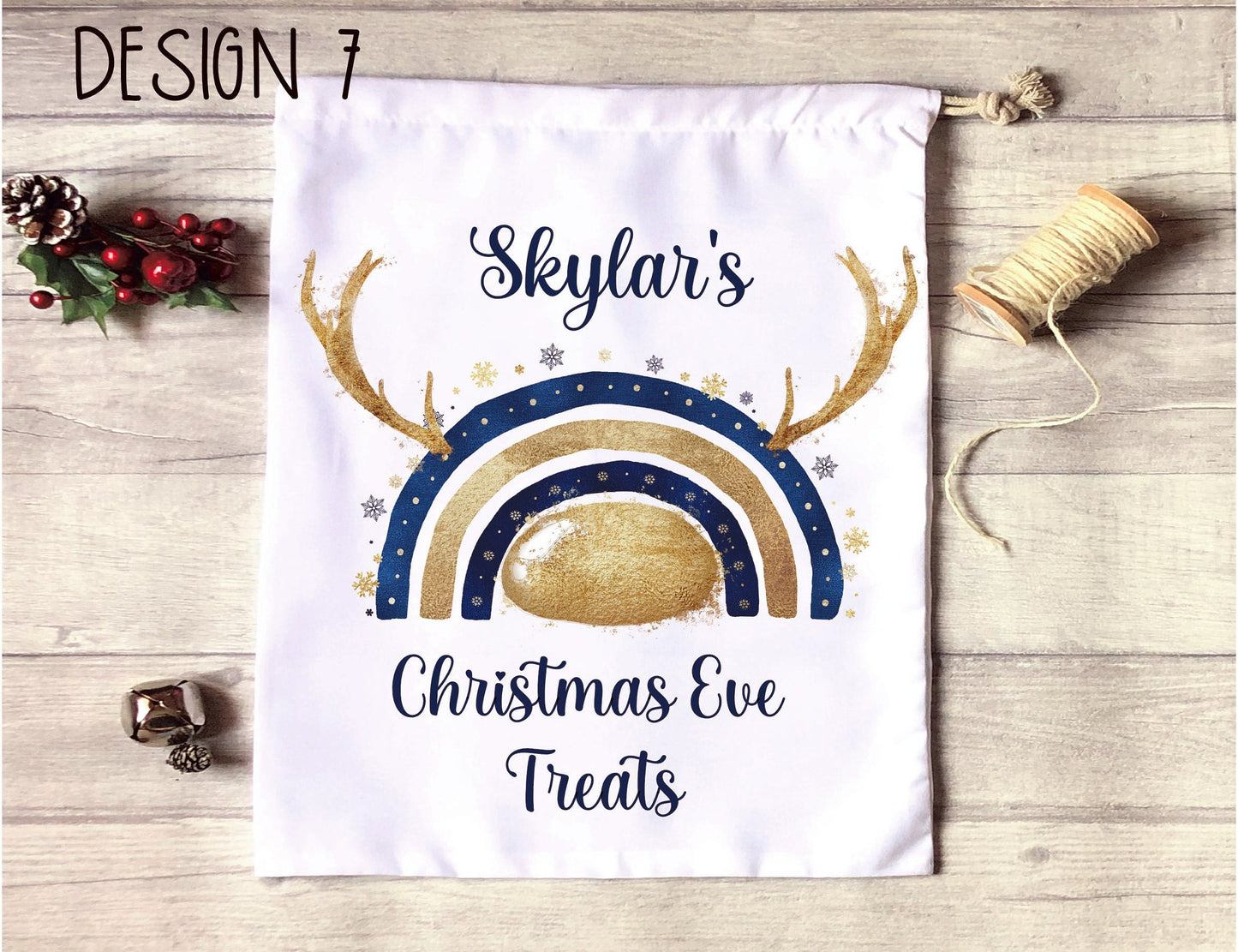 Christmas Eve Treat Bag, Personalised Xmas Eve Goodies Bag, Twas The Night Before Christmas Family Treat Bag, Reindeer Silver Nose Xmas Bag