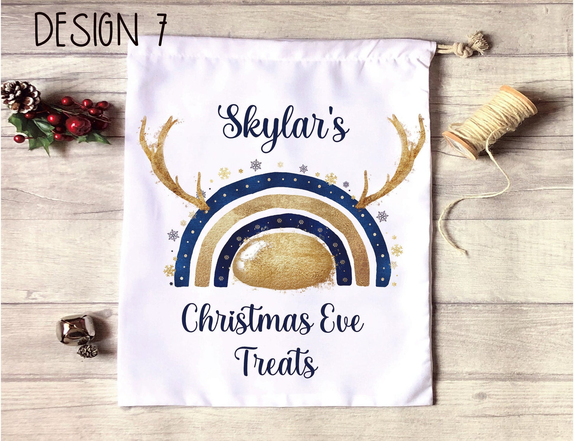 Christmas Eve Treat Bag, Personalised Xmas Eve Goodies Bag, Twas The Night Before Christmas Family Treat Bag, Reindeer Silver Nose Xmas Bag