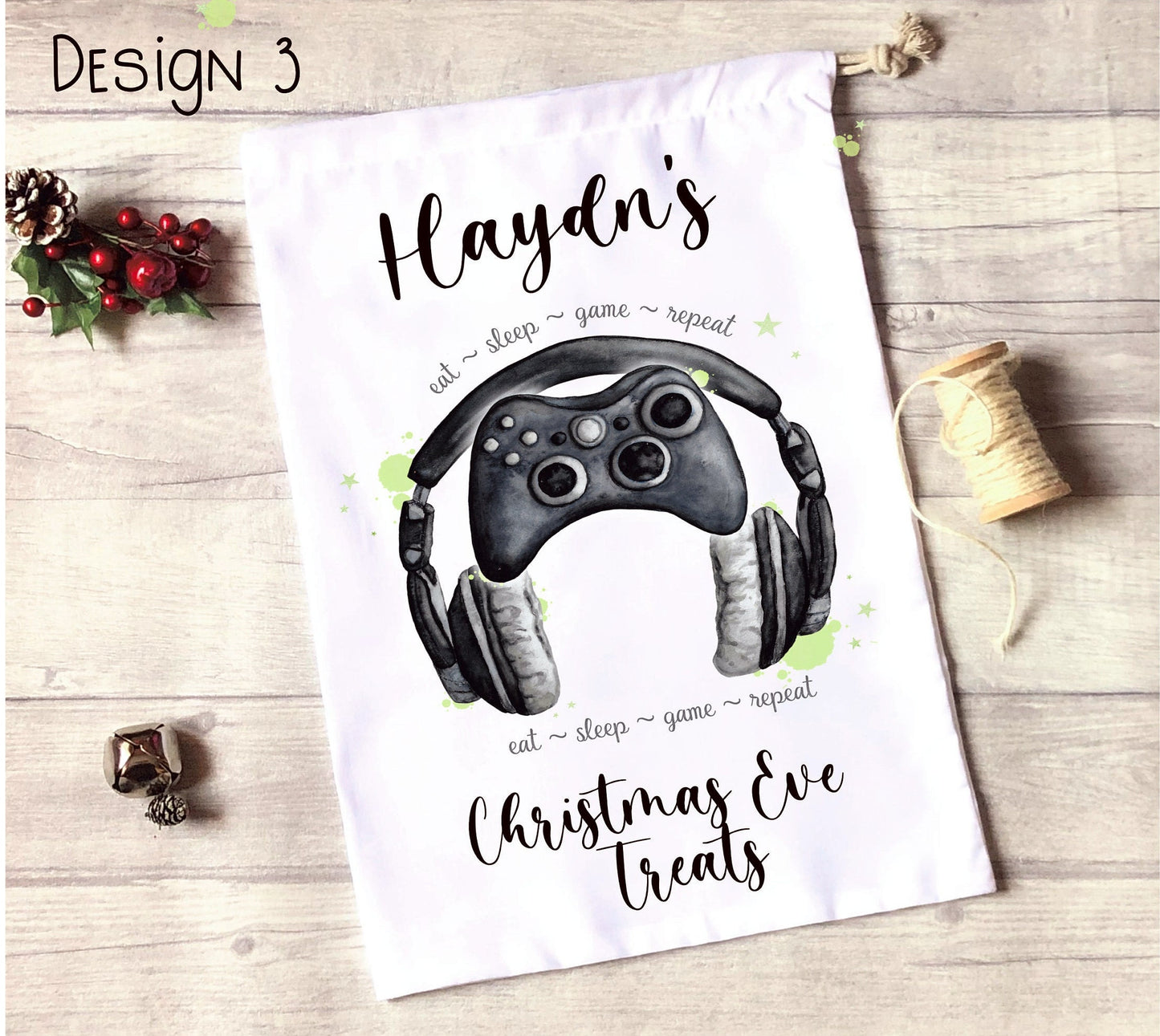 Gamer Personalised Christmas Eve Sack, Personalised Gamer Christmas Eve Treat Bag, Gamer Xmas Treat Bag, Personalised Gamer Christmas Gift