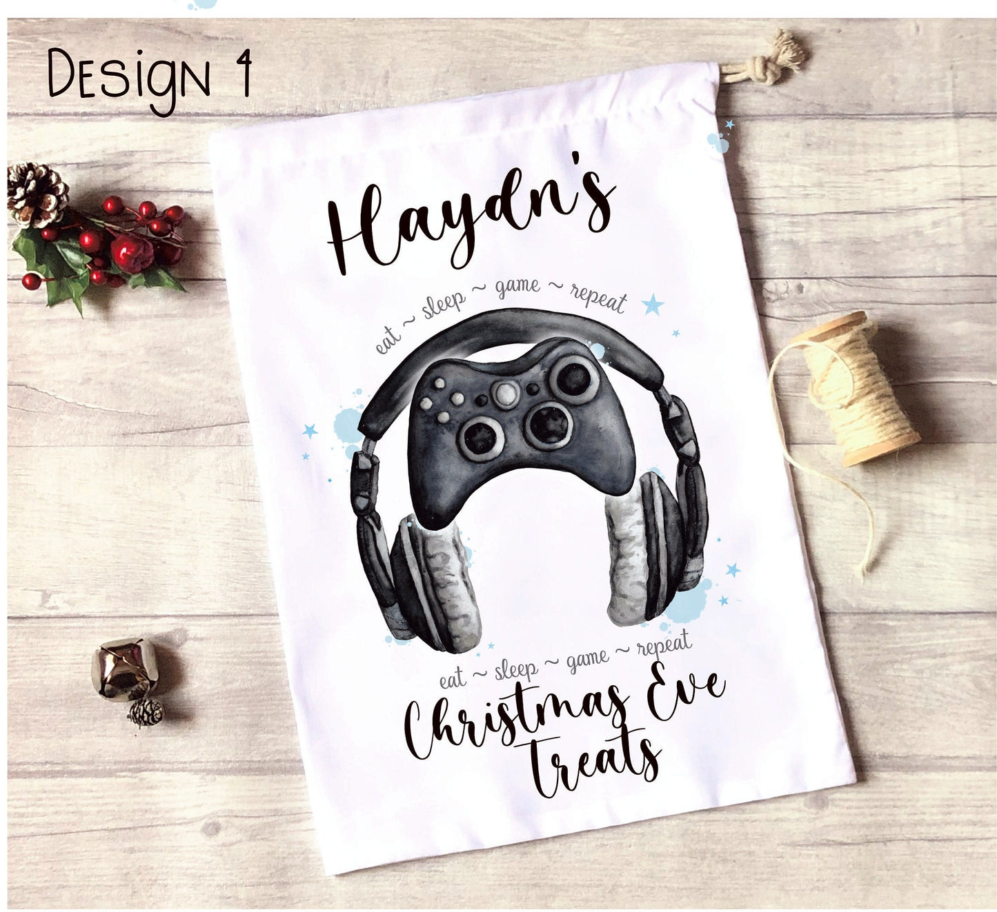 Gamer Personalised Christmas Eve Sack, Personalised Gamer Christmas Eve Treat Bag, Gamer Xmas Treat Bag, Personalised Gamer Christmas Gift