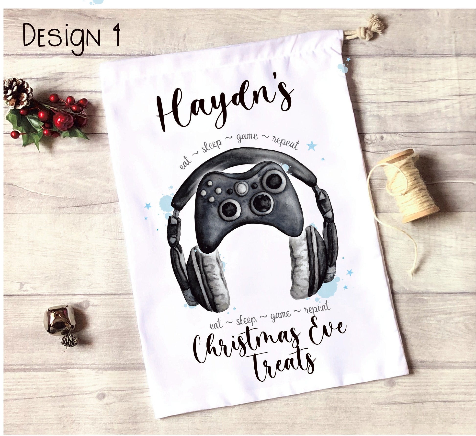 Gamer Personalised Christmas Eve Sack, Personalised Gamer Christmas Eve Treat Bag, Gamer Xmas Treat Bag, Personalised Gamer Christmas Gift