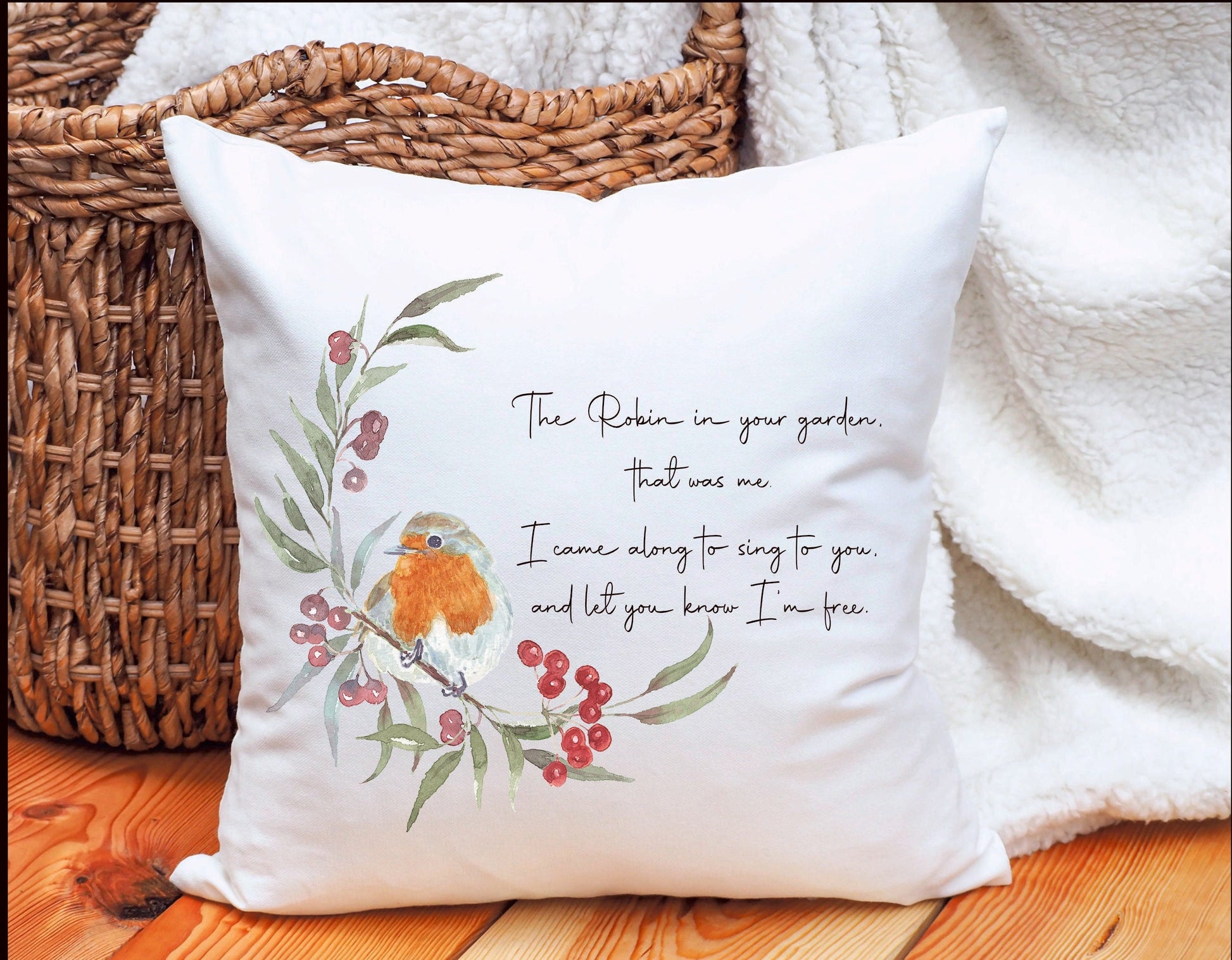 Robin Decorative Cushion, Luxurious Robin Cushion Gift, Robin In The Garden