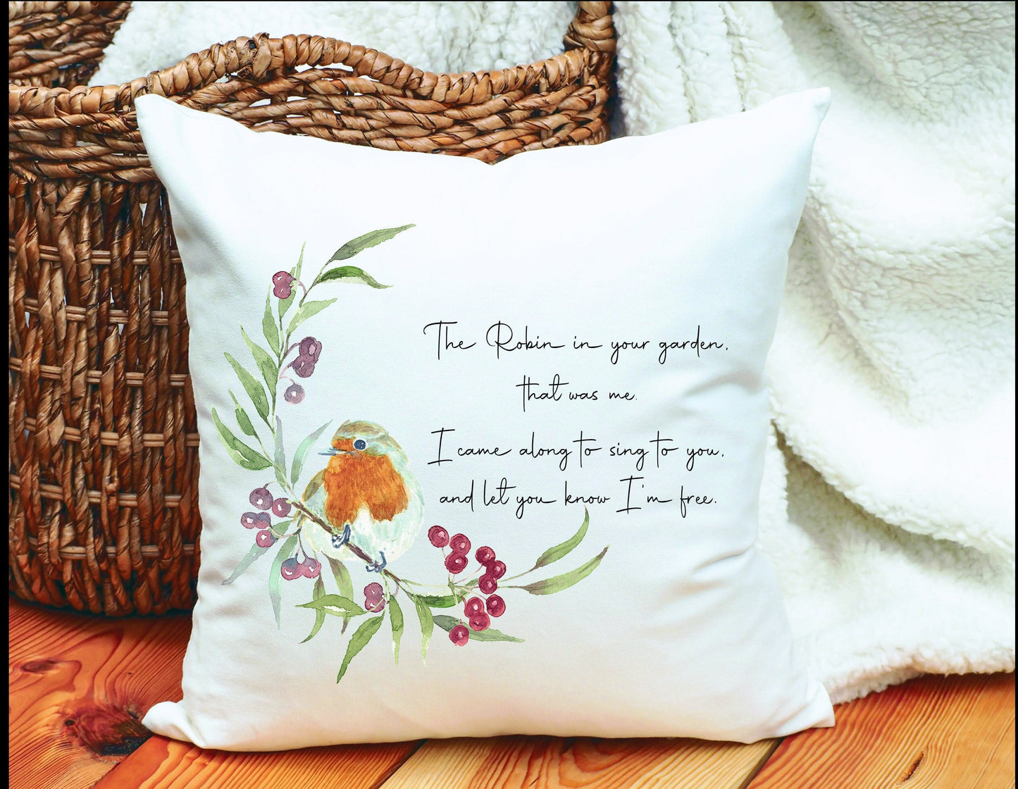 Robin Decorative Cushion, Luxurious Robin Cushion Gift, Robin In The Garden