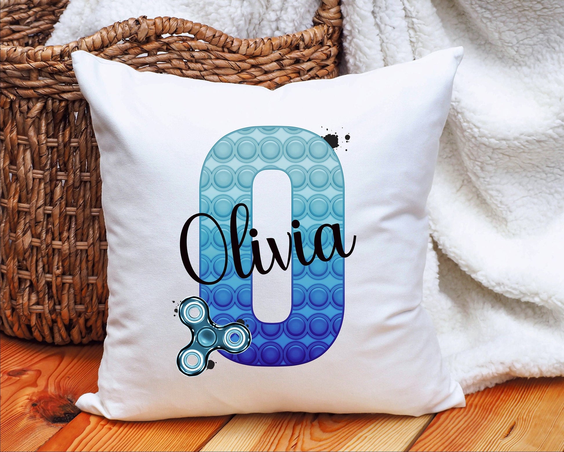 Poppit Cushion Gift, Blue Initial Poppit Fidget Toy Personalised Cushion Gift