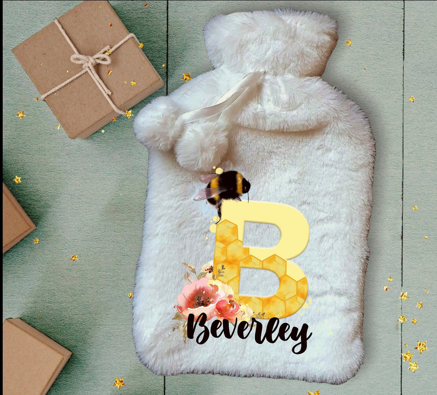 Personalised Hot Water Bottle, Bee Design Hot Water Bottle, Deluxe Fluffy Cover