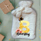 Personalised Hot Water Bottle, Bee Design Hot Water Bottle, Deluxe Fluffy Cover