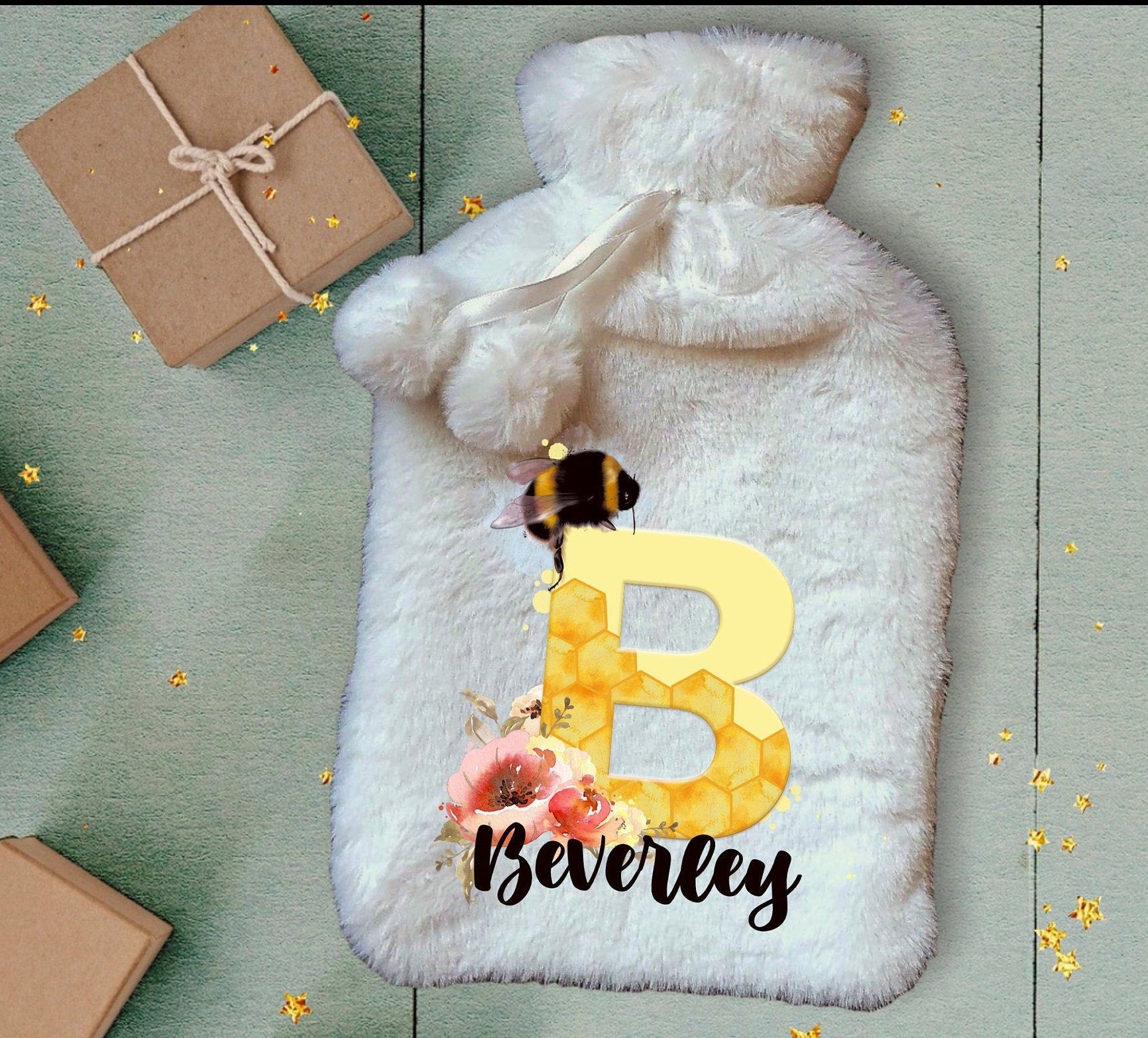 Personalised Hot Water Bottle, Bee Design Hot Water Bottle, Deluxe Fluffy Cover