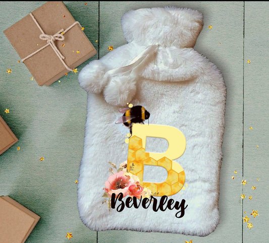 Personalised Hot Water Bottle, Bee Design Hot Water Bottle, Deluxe Fluffy Cover