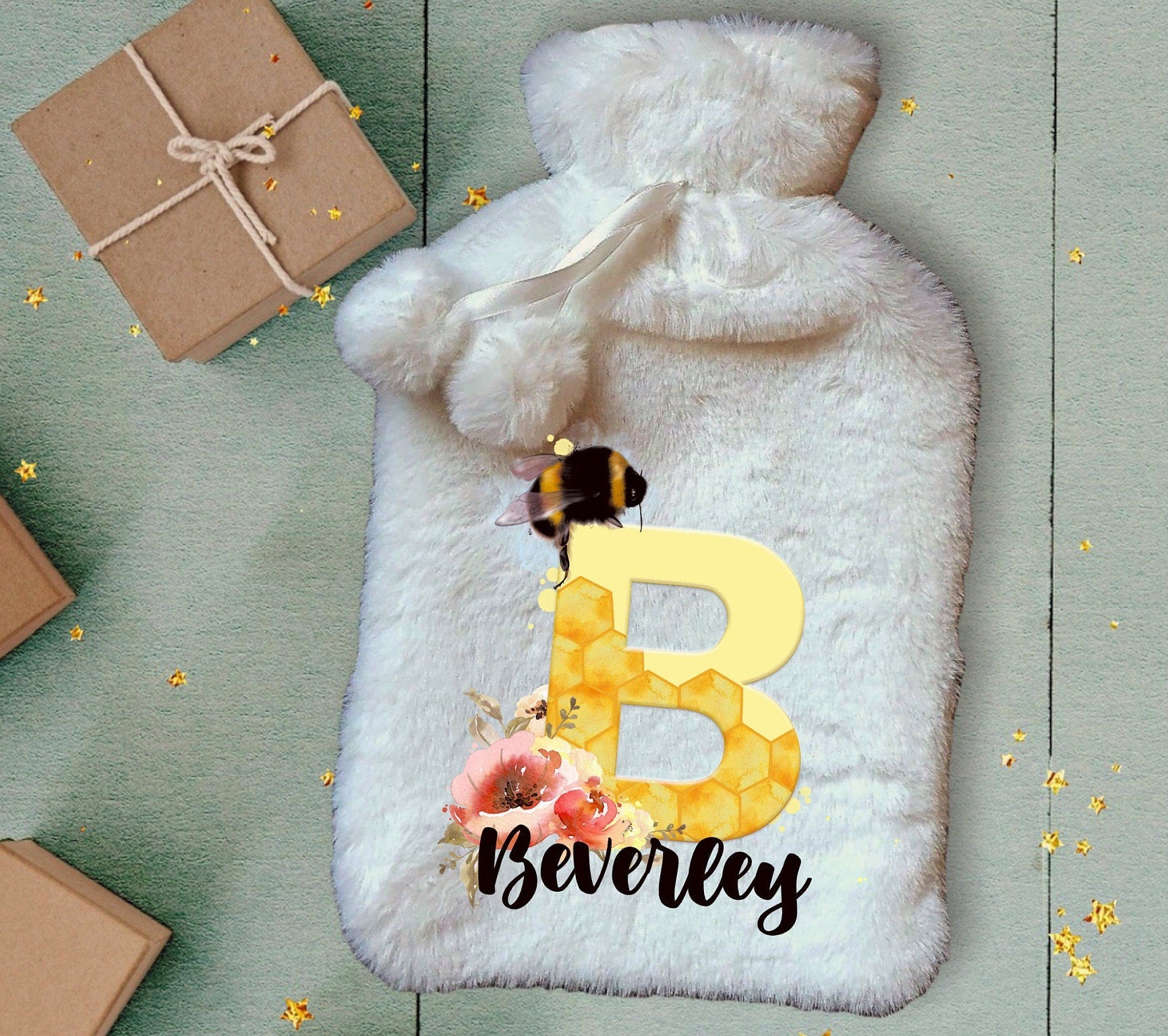 Personalised Hot Water Bottle, Bee Design Hot Water Bottle, Deluxe Fluffy Cover