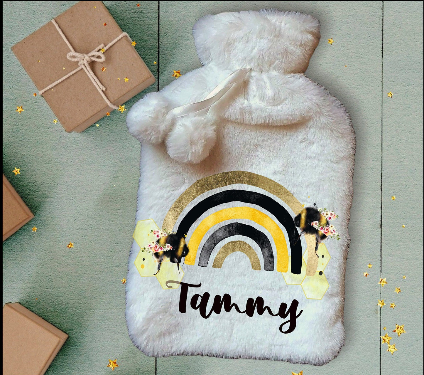 Personalised Hot Water Bottle, Bee Rainbow Design Hot Water Bottle, Personalised Gifts, Deluxe Fluffy Cover
