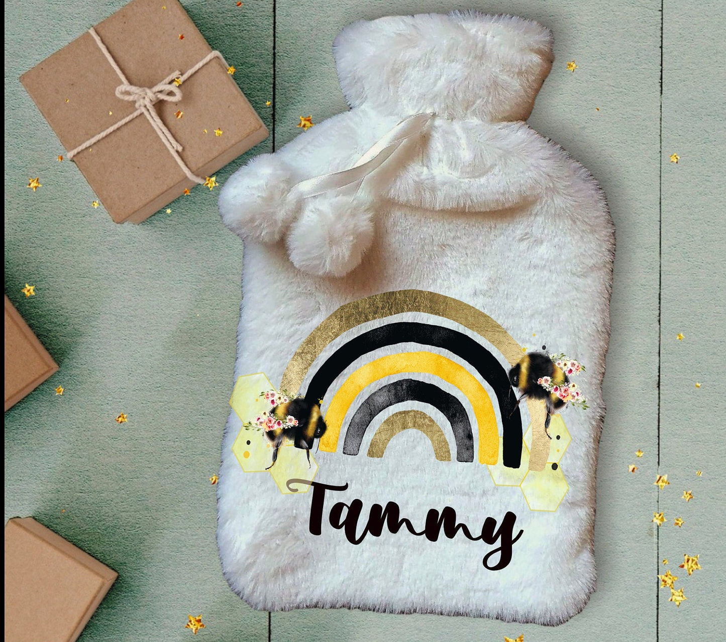 Personalised Hot Water Bottle, Bee Rainbow Design Hot Water Bottle, Personalised Gifts, Deluxe Fluffy Cover