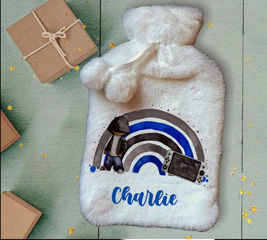 Personalised Hot Water Bottle, Gamer Design Hot Water Bottle, Gaming Rainbow Hot Water Bottle, Teen Gift Idea, Deluxe Fluffy Cover