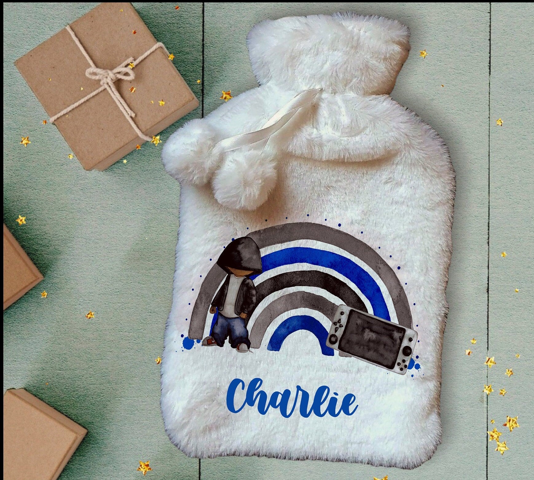 Personalised Hot Water Bottle, Gamer Design Hot Water Bottle, Gaming Rainbow Hot Water Bottle, Teen Gift Idea, Deluxe Fluffy Cover