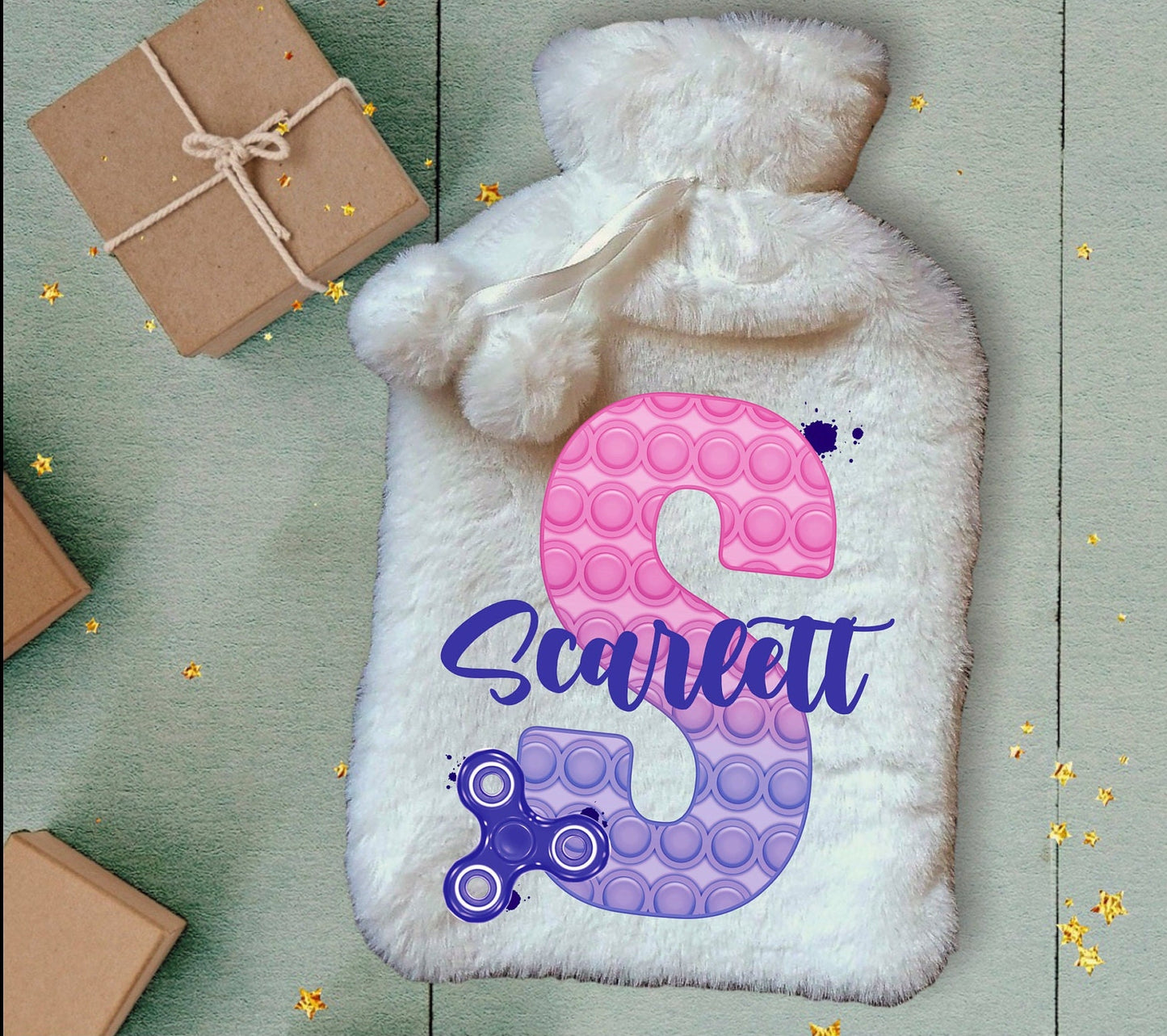 Personalised Hot Water Bottle, Poppit Personalised Fluffy Hot Water Bottle, Fidget Hot Water Bottle, Sensory Gift Idea