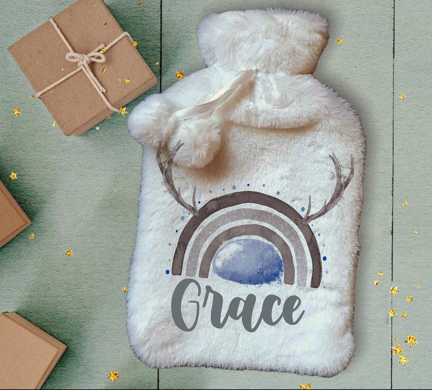 Personalised Hot Water Bottle, Christmas Hot Water Bottle, Christmas Gift Idea, Reindeer Hot Water bottle, Deluxe Fluffy Cover