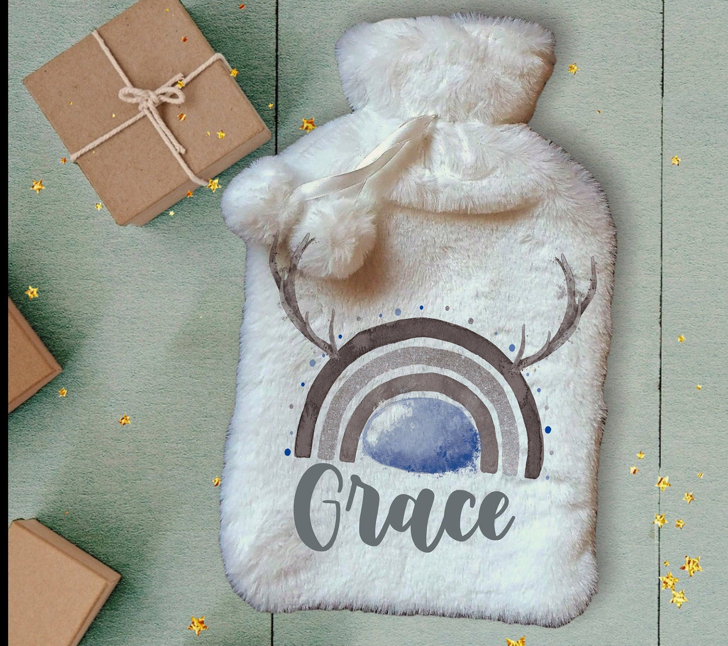 Personalised Hot Water Bottle, Christmas Hot Water Bottle, Christmas Gift Idea, Reindeer Hot Water bottle, Deluxe Fluffy Cover