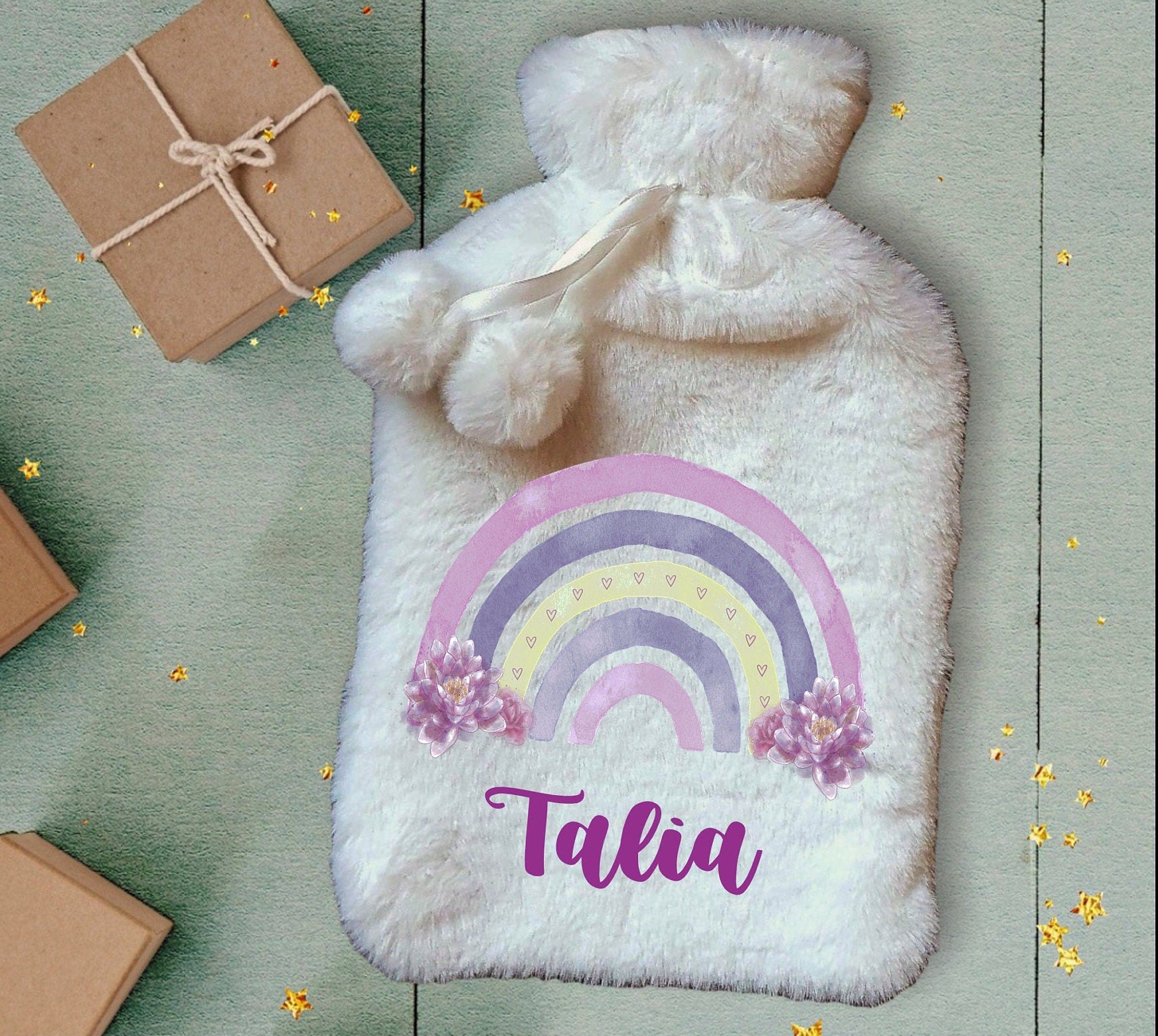 Personalised Hot Water Bottle, Elephant Rainbow Hot Water Bottle, Christmas Gift Idea, Elephant Hot Water bottle, Deluxe Fluffy Cover