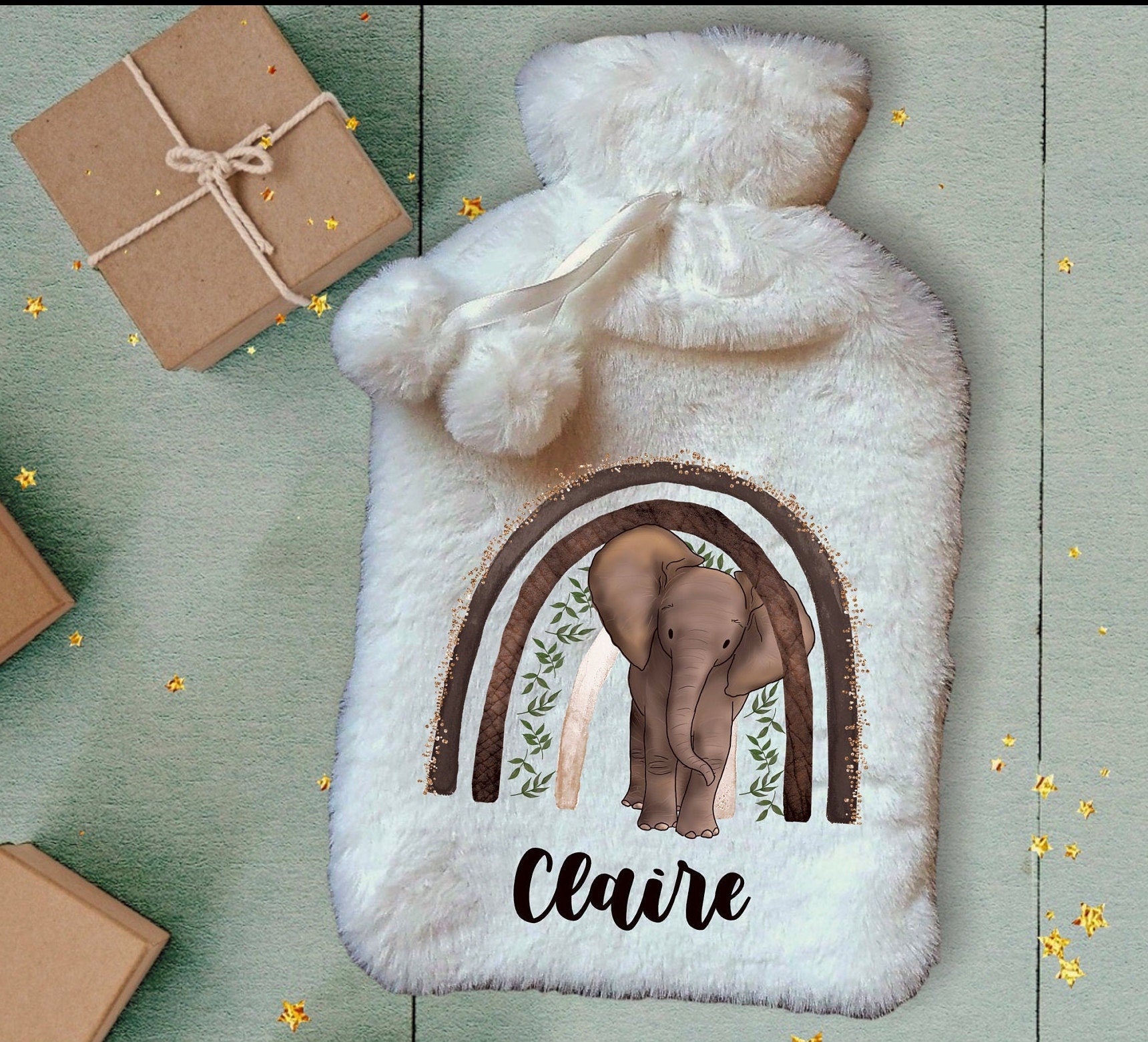 Personalised Hot Water Bottle, Rainbow Hot Water Bottle, Christmas Gift Idea, Elephant Hot Water bottle, Deluxe Fluffy Cover