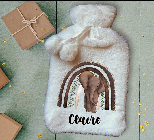 Personalised Hot Water Bottle, Elephant Rainbow Hot Water Bottle, Christmas Gift Idea, Elephant Hot Water bottle, Deluxe Fluffy Cover