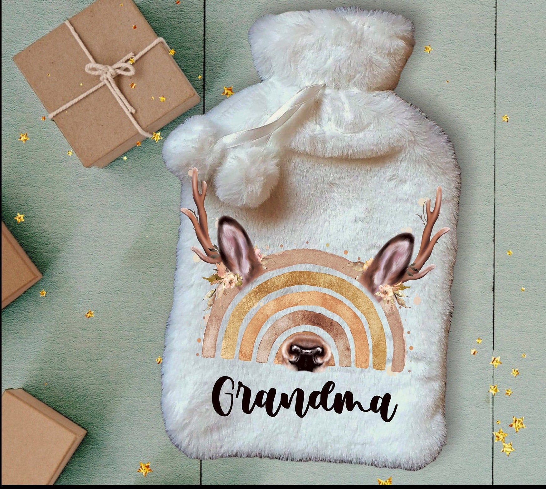 Personalised Hot Water Bottle, Reindeer Rainbow Hot Water Bottle, Christmas Gift Idea, Reinbow Hot Water bottle, Deluxe Fluffy Cover
