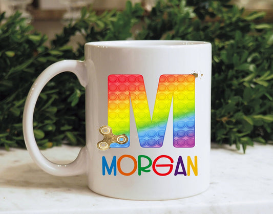 Personalised Poppit Fidget Toy Mug, Personalised Fidget Themed Initial Mug, Sensory Poppit Personalised Cup, Blue Fidget Initial Mug